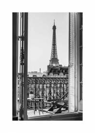 Plakat przedstawiający widok z okna na wieżę Eiffla.