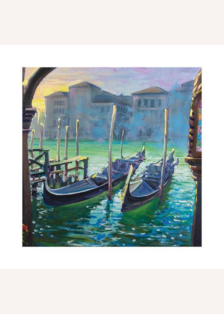 Plakat przedstawiający gondole na kanale weneckim namalowane ręcznie.