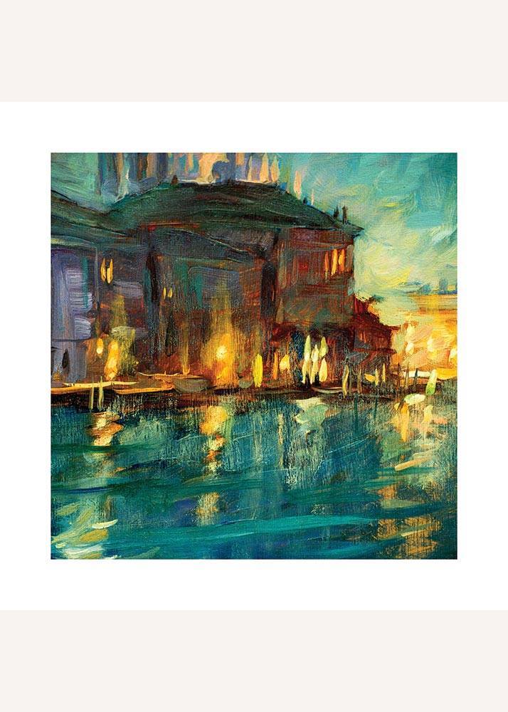 Plakat przedstawiający namalowaną ręcznie Wenecję oświetloną latarniami.
