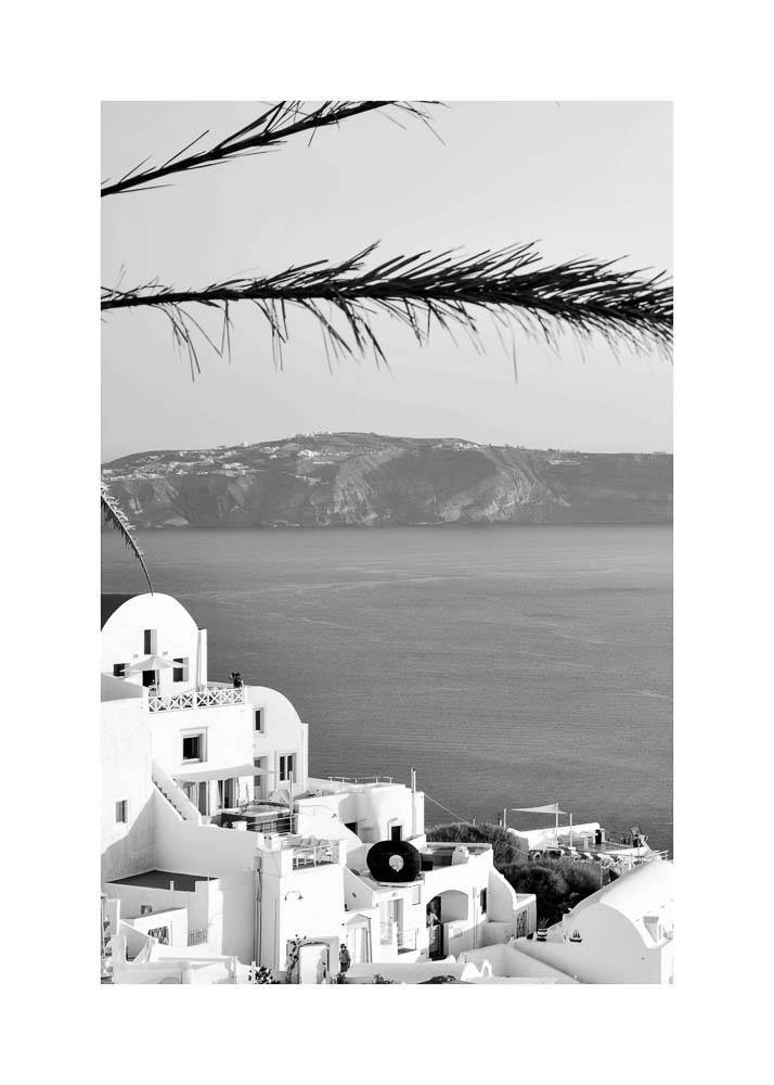 Plakat przedstawiający widok z wyspy Santorini.