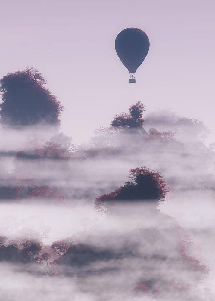 Plakat przedstawiający balon w chmurach na fioletowym niebie.