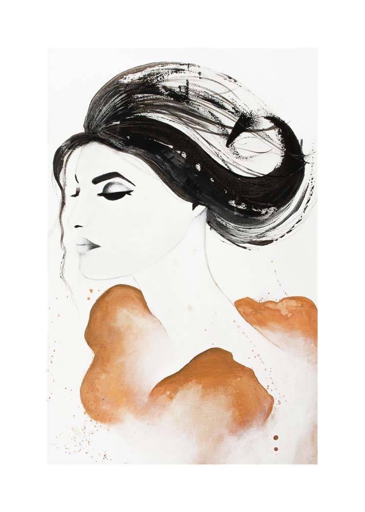 Plakat przedstawiający namalowany ręcznie portret kobiety w pomarańczowej sukni z czarnymi włosami.