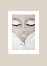 Plakat przedstawiający portret kobiety z zamkniętymi oczami z kokardą namalowany ręcznie z widoczną fakturą.