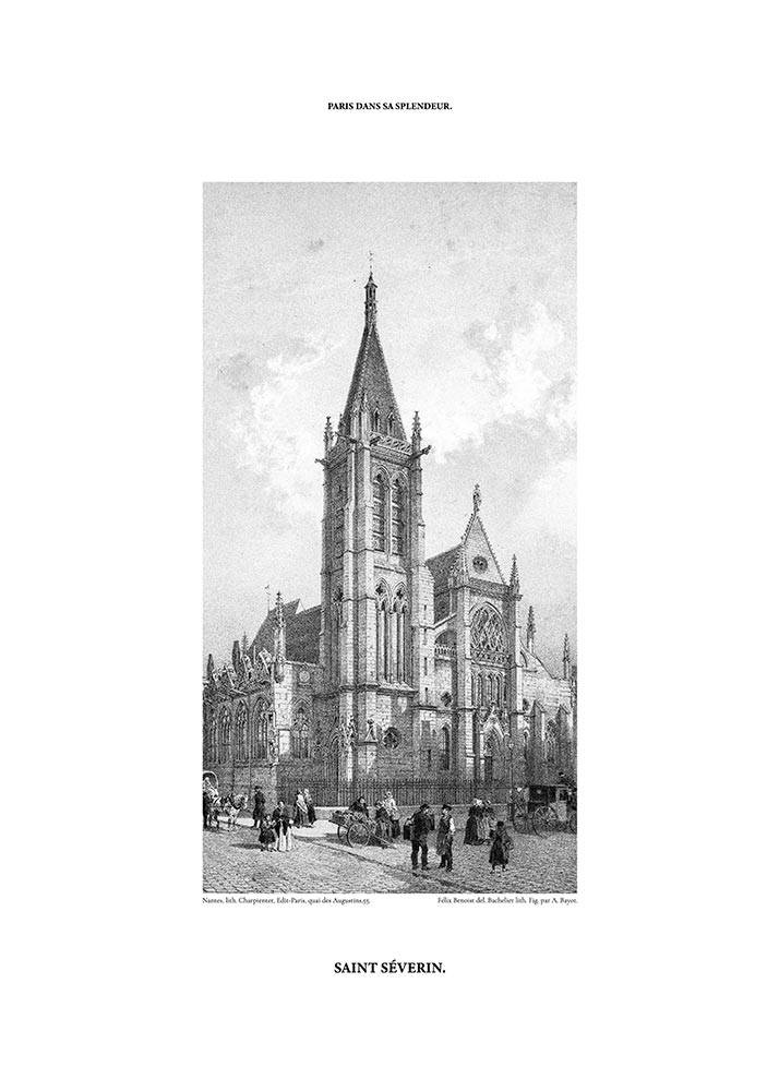Grafika, plakat przedstawiający zabytkowy kościół w Paryżu.