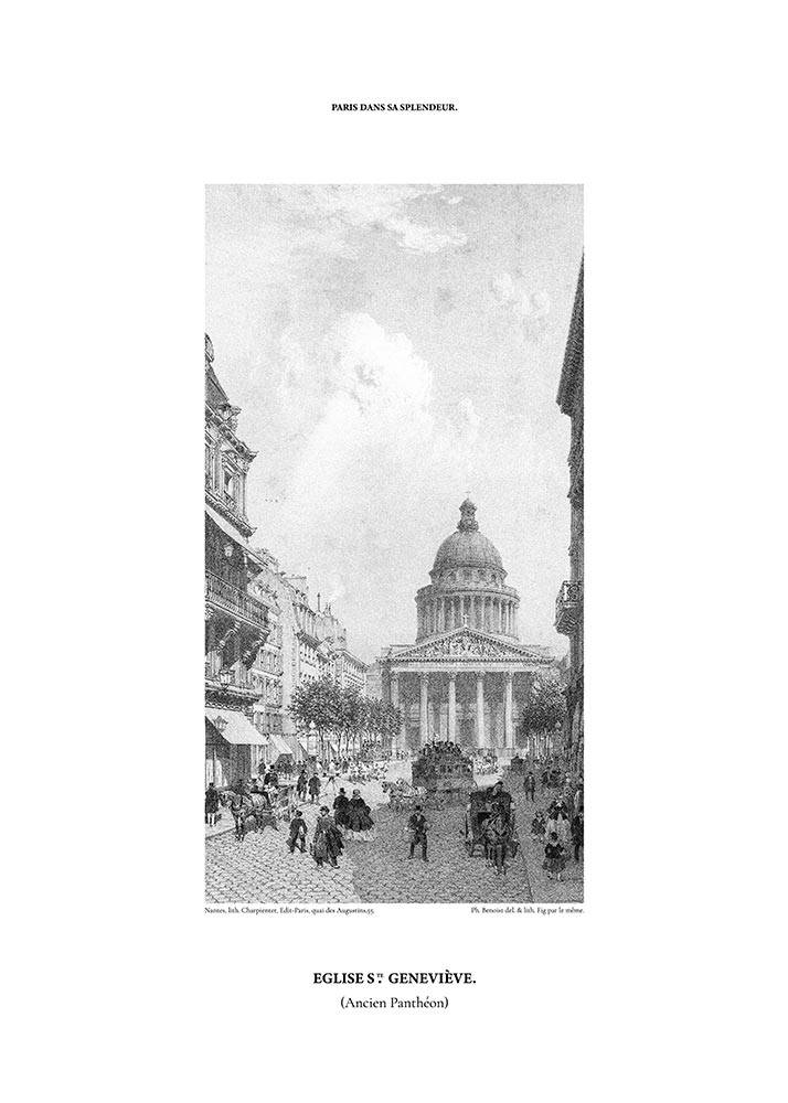 Plakat, grafika przedstawiająca kościół w Paryżu.
