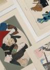 Grupa plakatów z kolekcji sztuka japońska przedstawiających postacie.