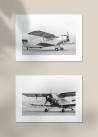 Dwa czarno-białe poziome plakaty przedstawiające startujące samoloty w stylu vintage.