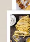Dwa plakaty kuchenne przedstawiające świeży makaron oraz ser z orzechami i miodem.
