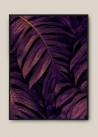 Plakat, grafika przedstawiająca fioletowe liście palmy oprawiony w czarną ramę.